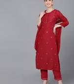 Ahika red printed poly silk styles women's kurta trousers with dupatta