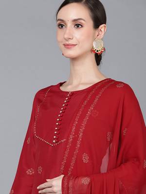 Ahika red printed poly silk styles women's kurta trousers with dupatta 2