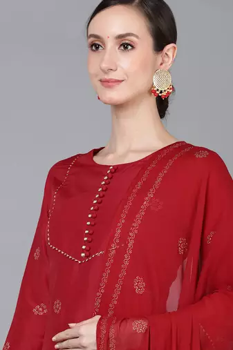 Ahika red printed poly silk styles women's kurta trousers with dupatta