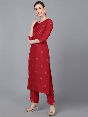 Ahika red printed poly silk styles women's kurta trousers with dupatta 3