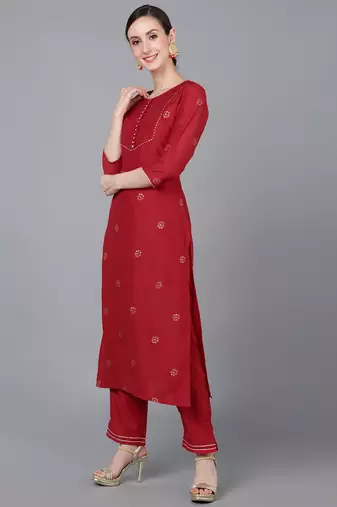 Ahika red printed poly silk styles women's kurta trousers with dupatta