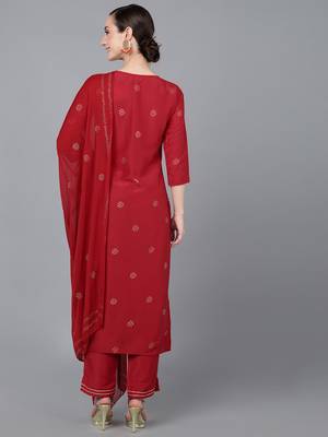 Ahika red printed poly silk styles women's kurta trousers with dupatta 4
