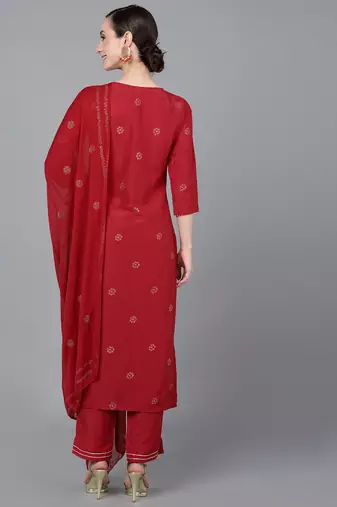 Ahika red printed poly silk styles women's kurta trousers with dupatta