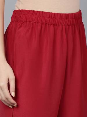 Ahika red printed poly silk styles women's kurta trousers with dupatta 5