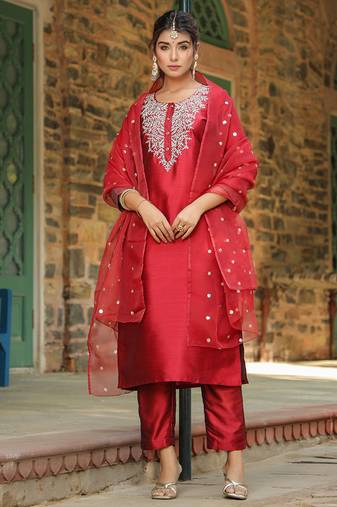 maroon embroidered poly silk styles women's kurta trousers with dupatta