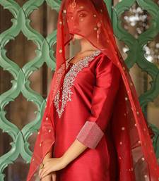 maroon embroidered poly silk styles women's kurta trousers with dupatta