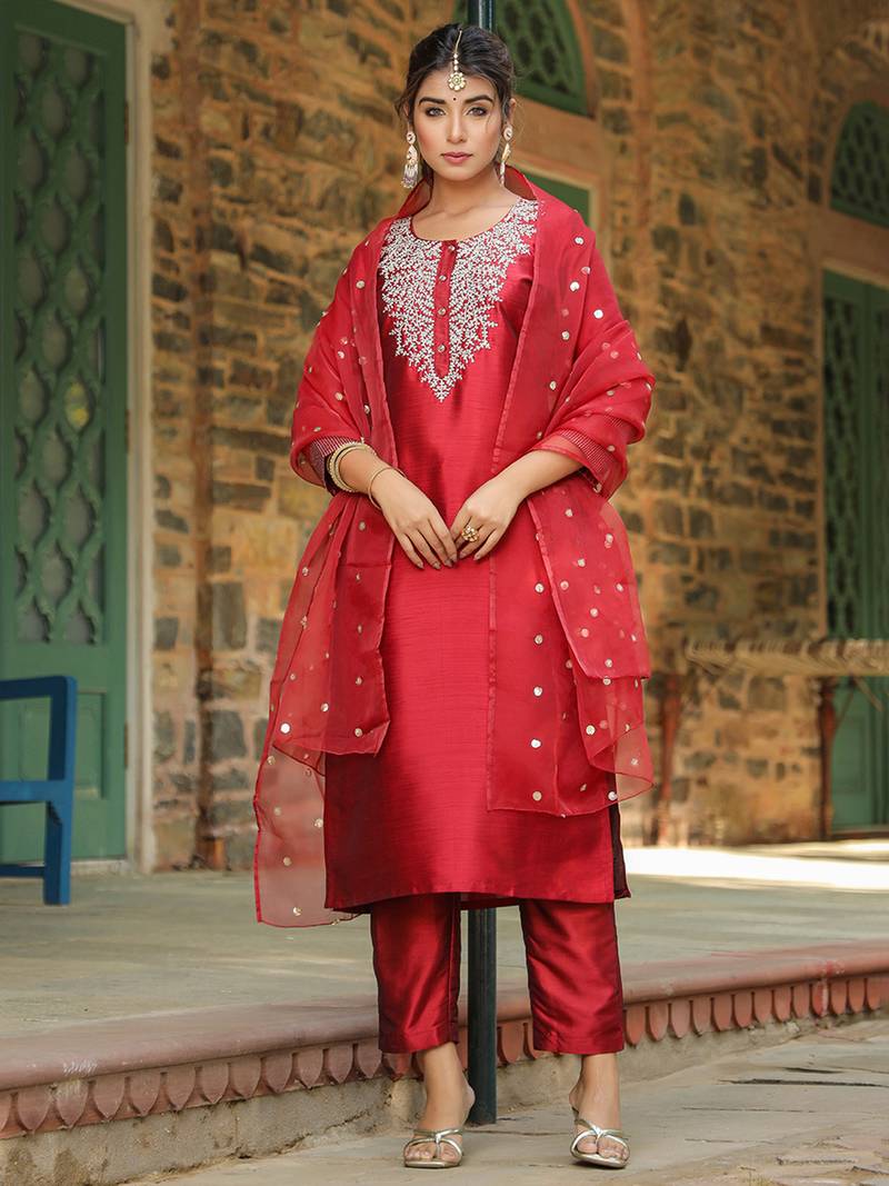 maroon embroidered poly silk styles women's kurta trousers with dupatta