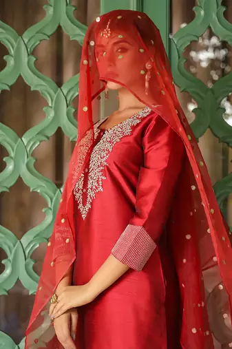 maroon embroidered poly silk styles women's kurta trousers with dupatta