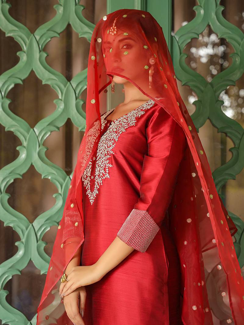 maroon embroidered poly silk styles women's kurta trousers with dupatta