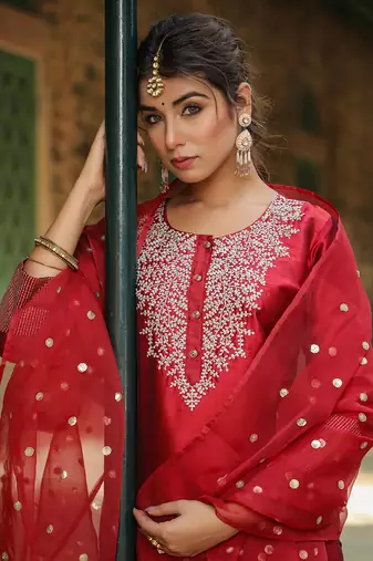 maroon embroidered poly silk styles women's kurta trousers with dupatta