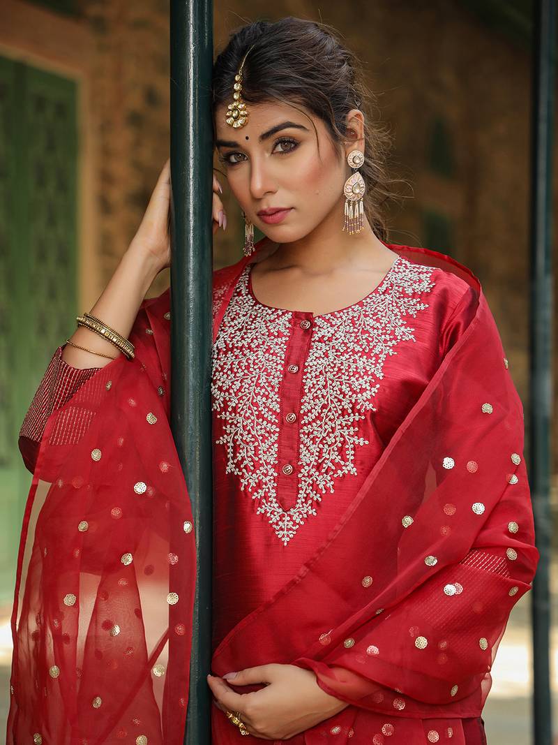 maroon embroidered poly silk styles women's kurta trousers with dupatta