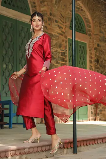maroon embroidered poly silk styles women's kurta trousers with dupatta