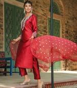 maroon embroidered poly silk styles women's kurta trousers with dupatta