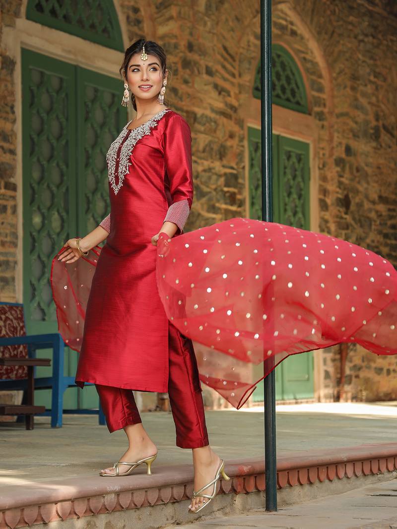 maroon embroidered poly silk styles women's kurta trousers with dupatta