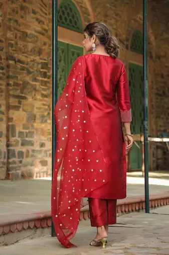 maroon embroidered poly silk styles women's kurta trousers with dupatta