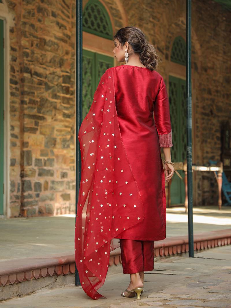 maroon embroidered poly silk styles women's kurta trousers with dupatta