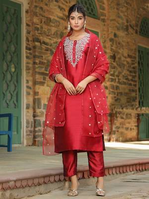 maroon embroidered poly silk styles women's kurta trousers with dupatta 5