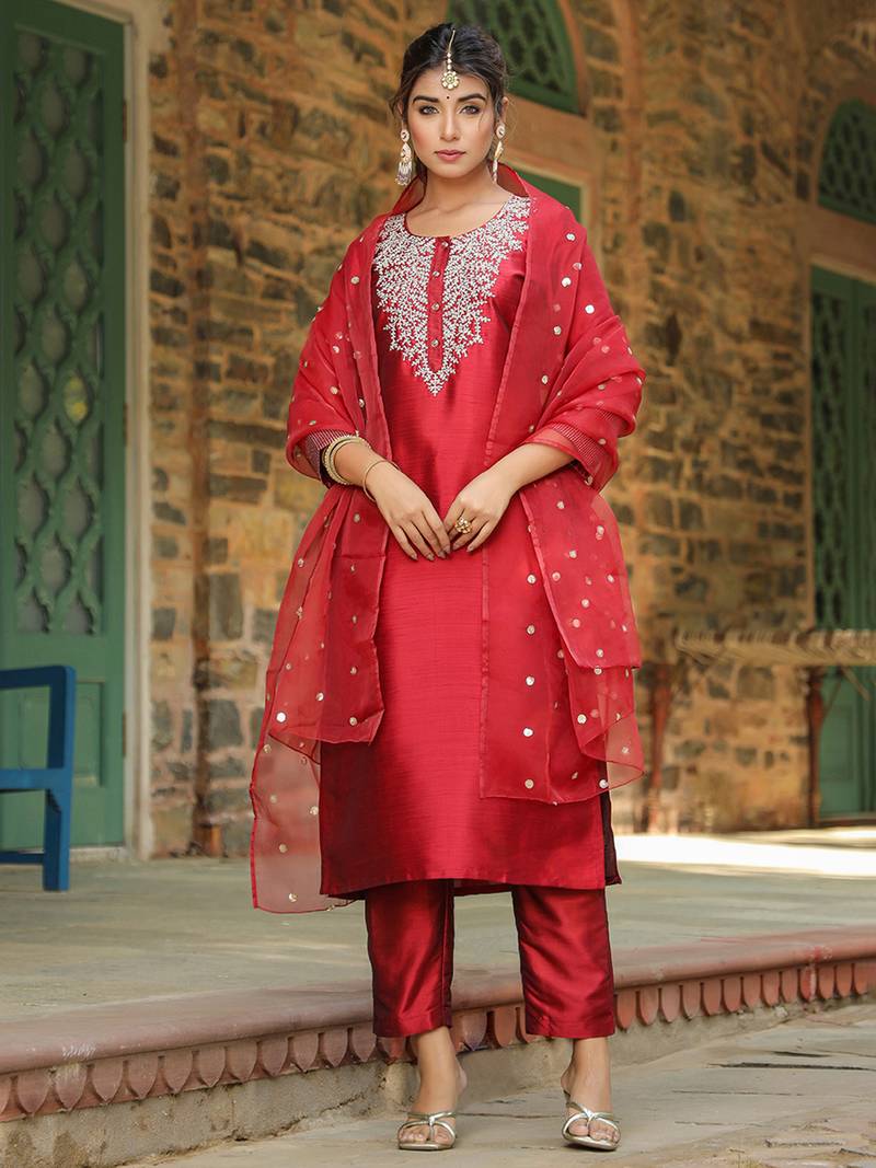 maroon embroidered poly silk styles women's kurta trousers with dupatta