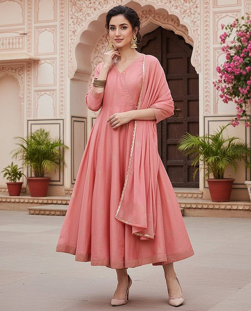 pink printed poly silk styles women's kurta trousers with dupatta