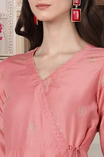 pink printed poly silk styles women's kurta trousers with dupatta
