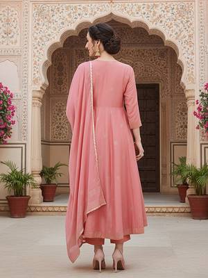 pink printed poly silk styles women's kurta trousers with dupatta 4