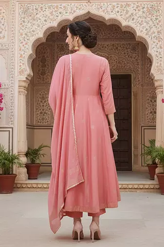 pink printed poly silk styles women's kurta trousers with dupatta