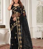 Black resham zari stone embroidery work net saree