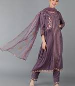 mauve embroidered silk blend styles women's kurta trousers with dupatta