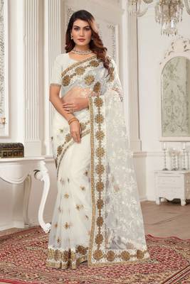 White resham zari stone embroidery work net saree 1