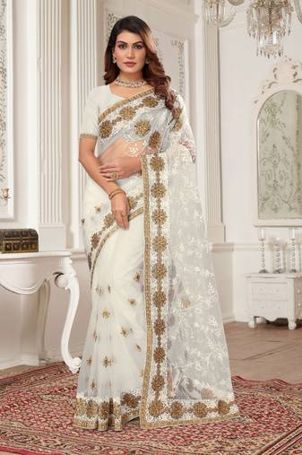 White resham zari stone embroidery work net saree