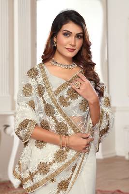 White resham zari stone embroidery work net saree 2