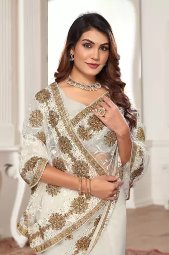 White resham zari stone embroidery work net saree