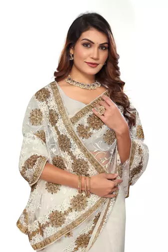 White resham zari stone embroidery work net saree