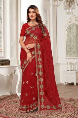 Red resham zari stone embroidery work net saree 1