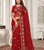 Red resham zari stone embroidery work net saree