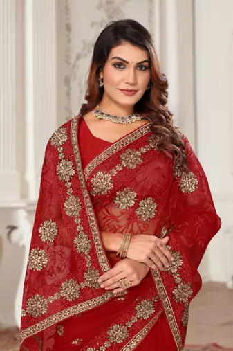 Red resham zari stone embroidery work net saree