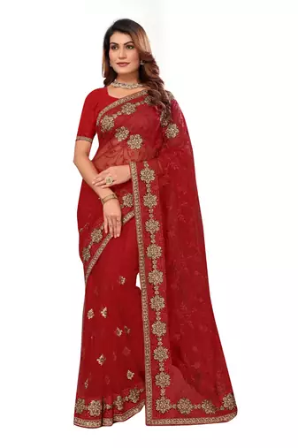 Red resham zari stone embroidery work net saree