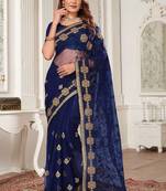 Navy blue resham zari stone embroidery work net saree
