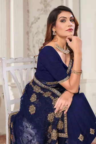 Navy blue resham zari stone embroidery work net saree