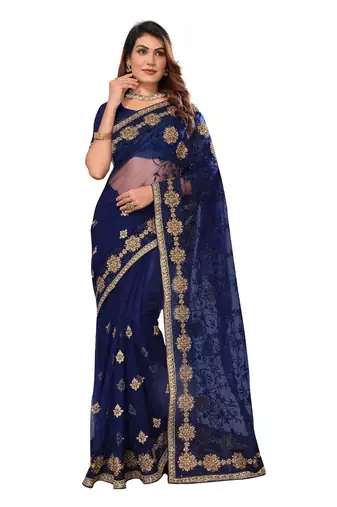 Navy blue resham zari stone embroidery work net saree
