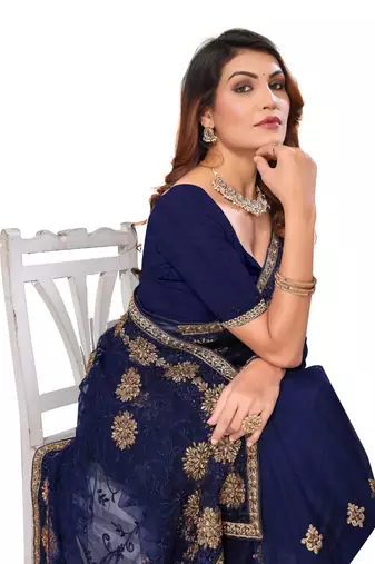 Navy blue resham zari stone embroidery work net saree