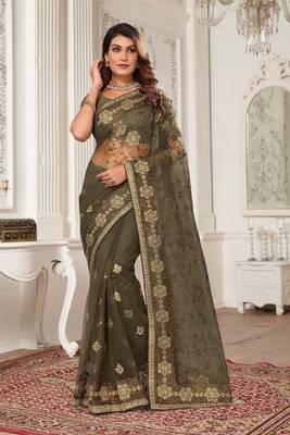 Grey resham zari stone embroidery work net saree 1