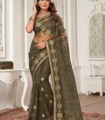 Grey resham zari stone embroidery work net saree