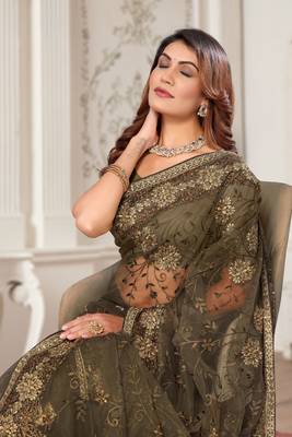 Grey resham zari stone embroidery work net saree 2
