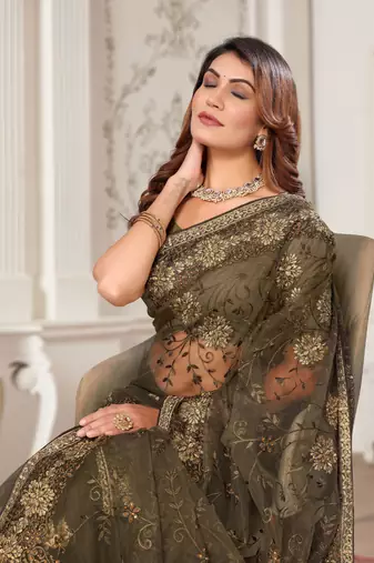 Grey resham zari stone embroidery work net saree