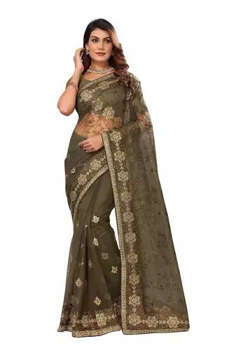 Grey resham zari stone embroidery work net saree