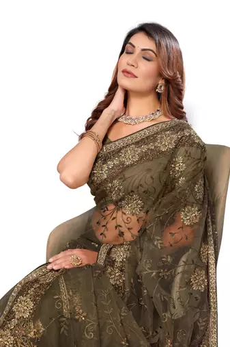 Grey resham zari stone embroidery work net saree