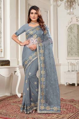 Light grey resham zari stone embroidery work net saree 1
