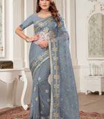Light grey resham zari stone embroidery work net saree