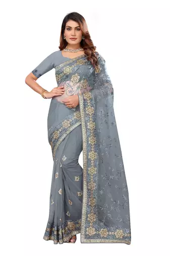 Light grey resham zari stone embroidery work net saree
